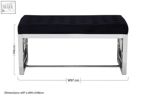 Allure black tufted bench with soft black velvet upholstery and sleek chrome metal frame for modern seating