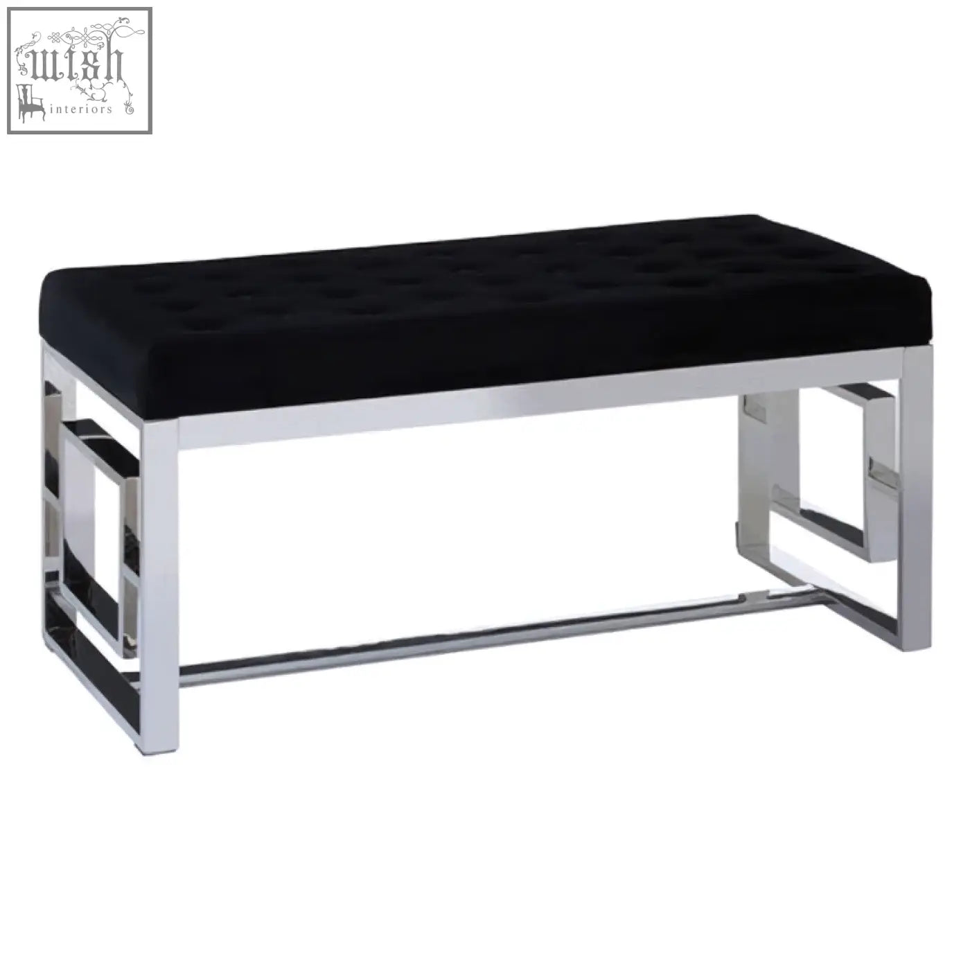 Allure black tufted bench with velvet upholstery and sleek chrome geometric frame perfect for stylish seating