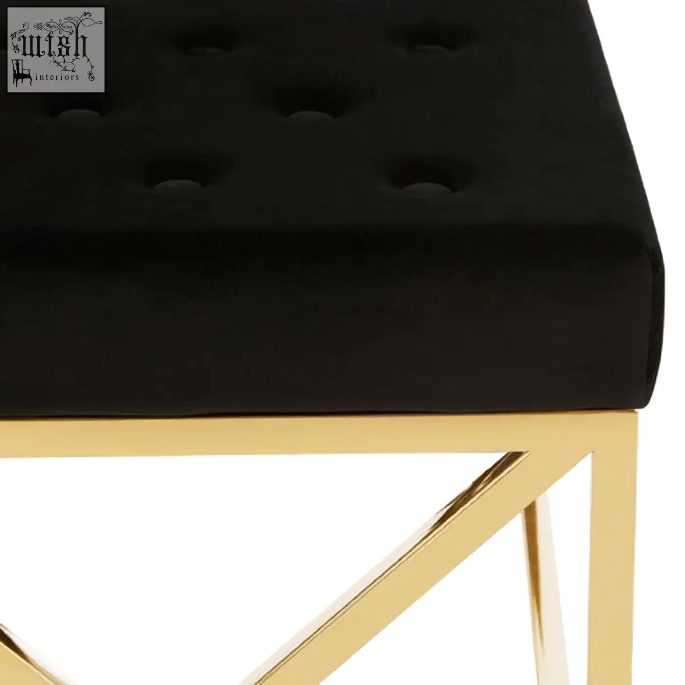 Allure black tufted bench with black velvet seat and gold finish metal frame perfect for stylish seating