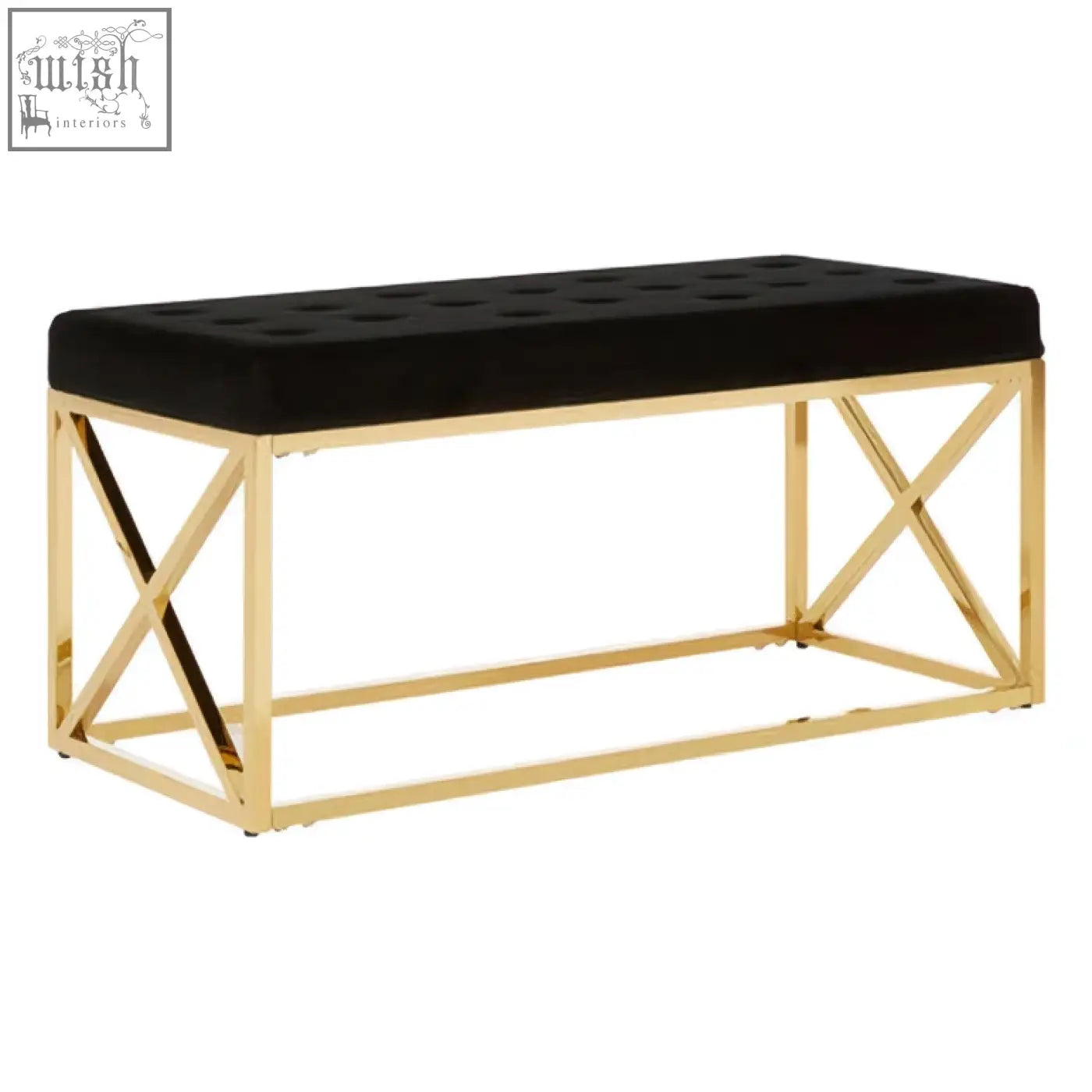 Allure black tufted bench with a soft velvet seat and sleek gold finish metal frame for stylish seating