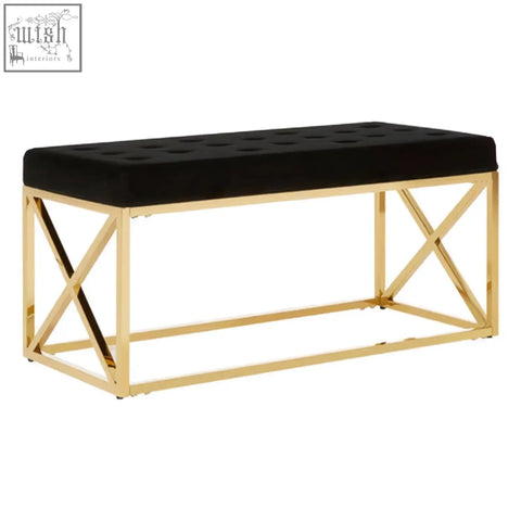 Allure black tufted bench with a soft velvet seat and sleek gold finish metal frame for stylish seating