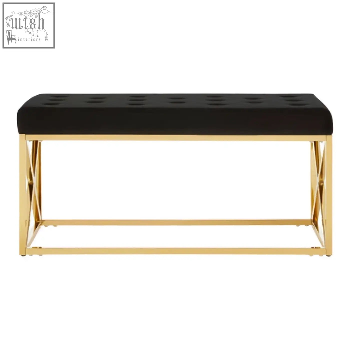 Allure black tufted velvet bench with a gold finish frame perfect for stylish seating and decor