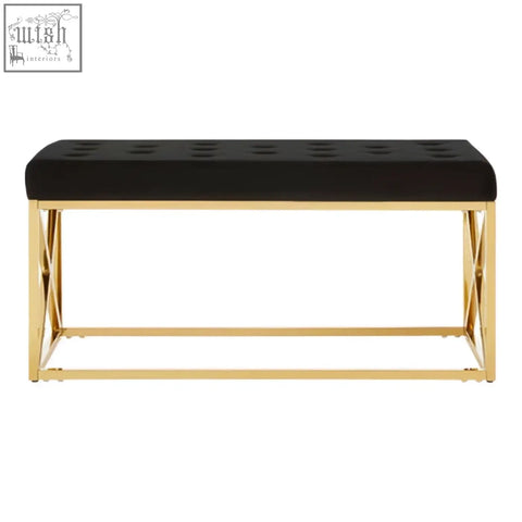 Allure black tufted velvet bench with a gold finish frame perfect for stylish seating and decor