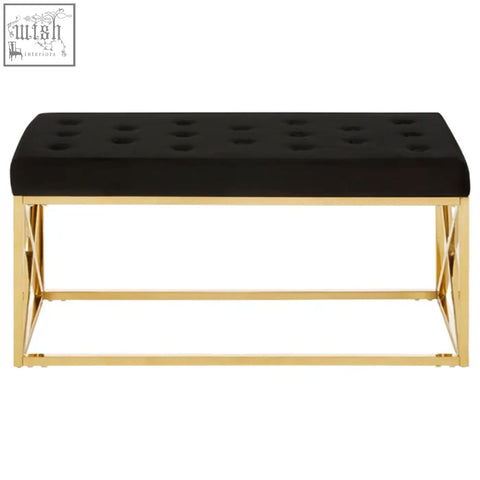 Allure black tufted velvet bench with a gold finish frame perfect as a stylish black tufted seat for any room