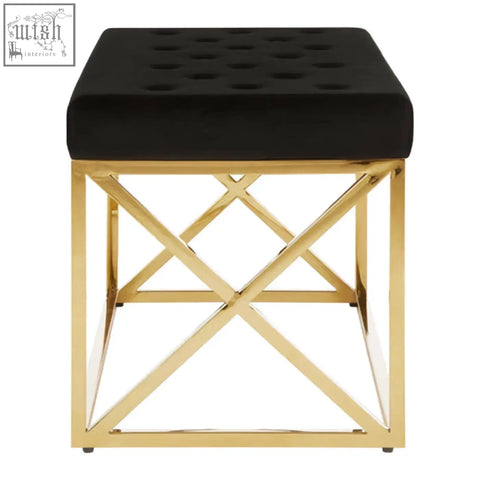 Allure black tufted velvet stool with gold finish bench and geometric metal frame for stylish seating