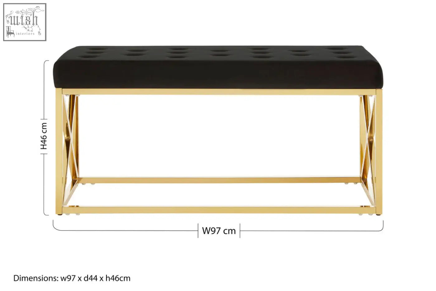 Allure black tufted seat bench with velvet upholstery and gold finish metal frame for stylish seating
