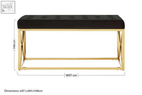 Allure black tufted seat bench with velvet upholstery and gold finish metal frame for stylish seating