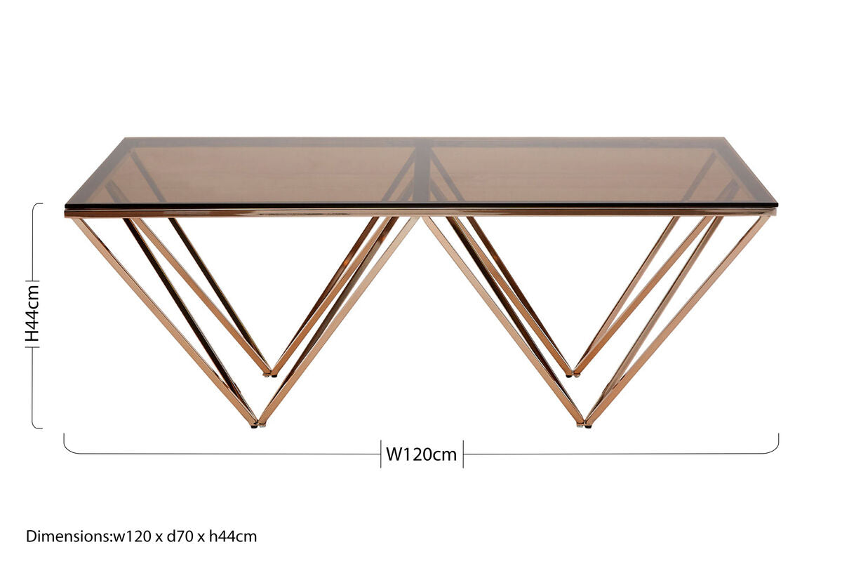 Modern coffee table with allure champagne metal prismatic legs and smoked glass top for stylish living rooms