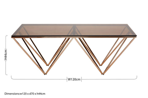 Modern coffee table with allure champagne metal prismatic legs and smoked glass top for stylish living rooms