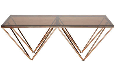 Modern coffee table with allure champagne metal prismatic legs and a sleek transparent glass top with geometric base