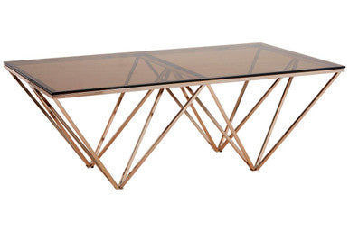 Modern rectangular coffee table with allure champagne metal prismatic legs and smoked glass top for stylish living room