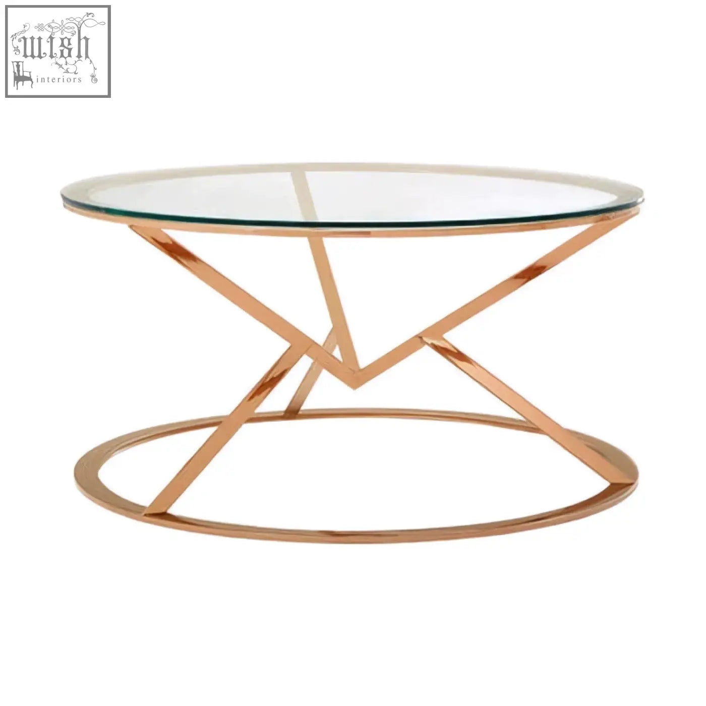 Allure corseted round rose gold coffee table with clear glass top and geometric rose gold metal legs