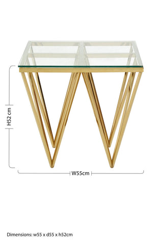 Allure glass and gold finish side table with gold geometric metal legs and clear glass top for stylish living spaces