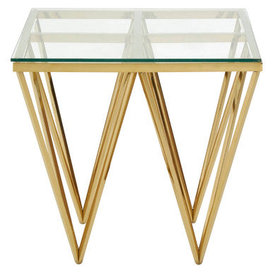 Allure glass and gold finish side table with a clear glass top and gold-toned geometric metal legs