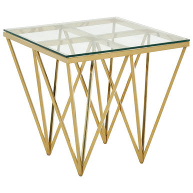 Gold finish geometric side table with allure glass clear top perfect for modern living spaces