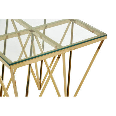 Allure glass and gold finish side table with gold-toned geometric metal legs and clear glass top
