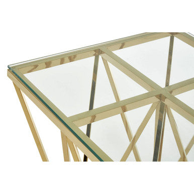 Allure glass and gold finish side table with gold-toned metal frame and clear glass top featuring geometric lattice design