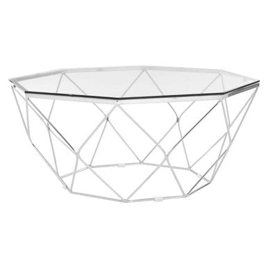 Allure hexagon tempered glass chrome coffee table with silver metal frame and clear hexagon tempered glass top
