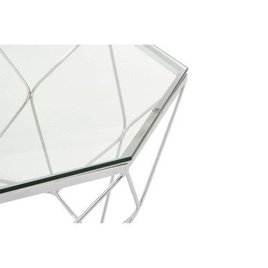 A sleek allure hexagon tempered glass coffee table with a chrome intricate metal frame and transparent top