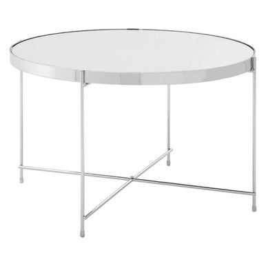 Allure large silver mirror side table with round mirrored glass top and polished chrome minimalist metal frame