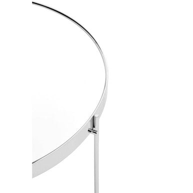Allure large silver mirror side table with sleek curved polished chrome frame and minimalist mirrored glass design