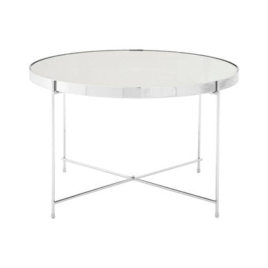 Allure large silver mirror side table with a sleek round mirrored glass top and polished chrome slender legs