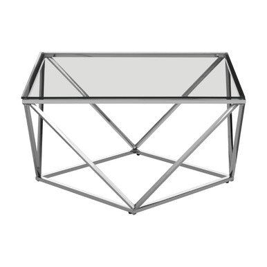 Silver twist coffee table with a clear glass top and metallic frame for a modern living space