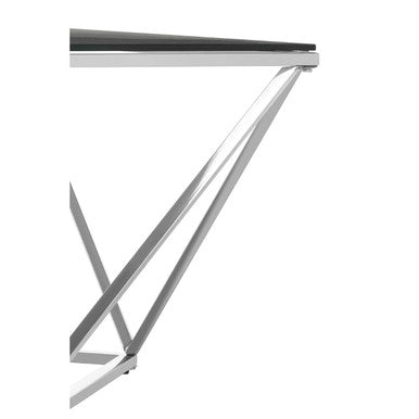 A sleek metal shelf bracket with polished chrome finish and angular design for allure large twist coffee table