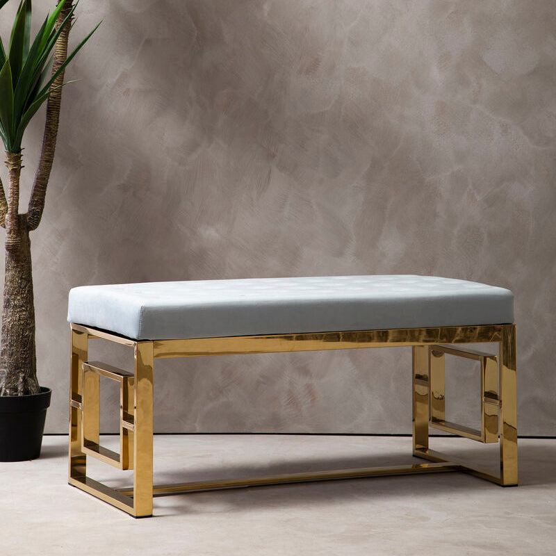 Gold metal frame bench with a light blue powder grey tufted seat from the allure powder grey collection