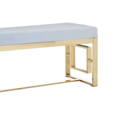 Gold-toned geometric metal bench with light blue upholstered seat powder grey tufted allure powder grey style