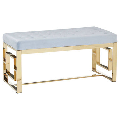 Allure powder grey tufted bench with light blue upholstery and gold metallic frame perfect for stylish seating