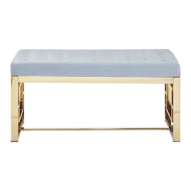 Light blue tufted velvet bench with sleek gold metal frame perfect for allure powder grey tufted seating options