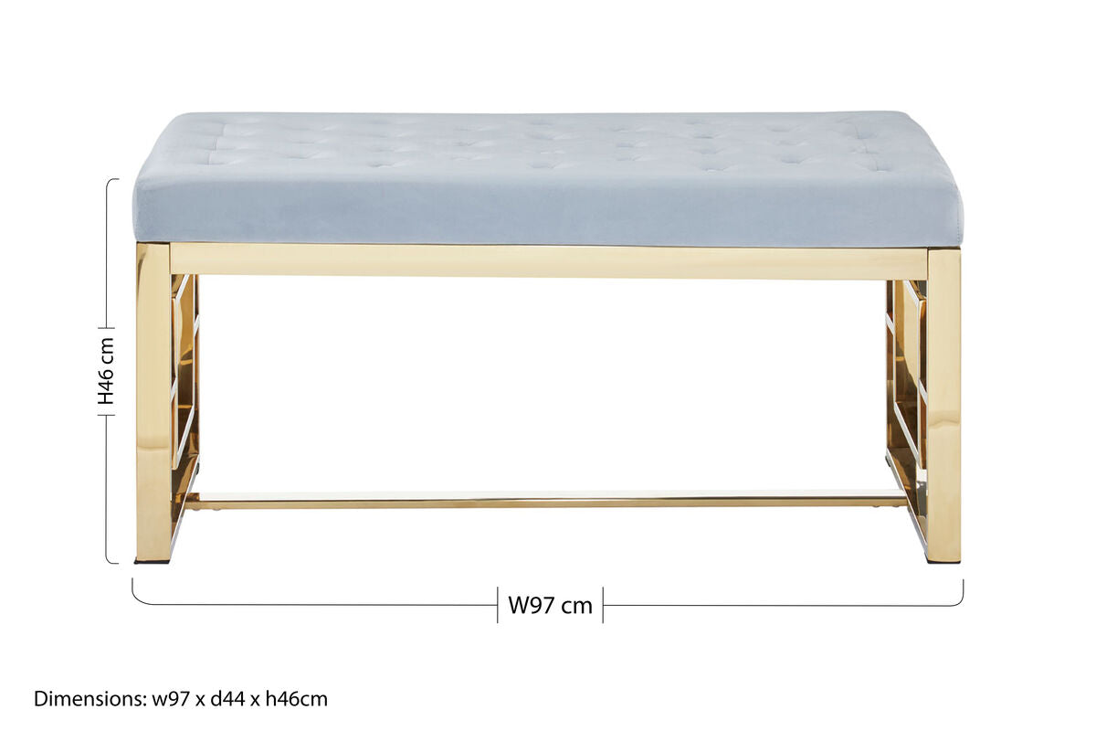 Light blue velvet tufted bench with gold metallic frame in allure powder grey tufted style for elegant seating