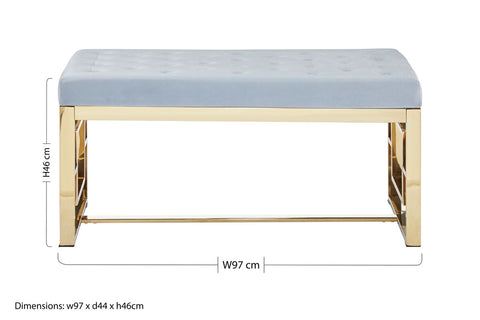 Light blue velvet tufted bench with gold metallic frame in allure powder grey tufted style for elegant seating