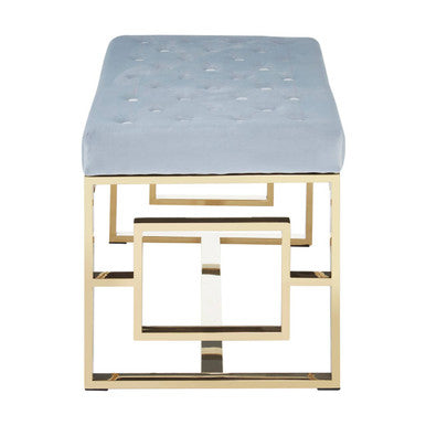 Allure powder grey tufted bench in light blue velvet with a geometric gold metal frame for stylish seating