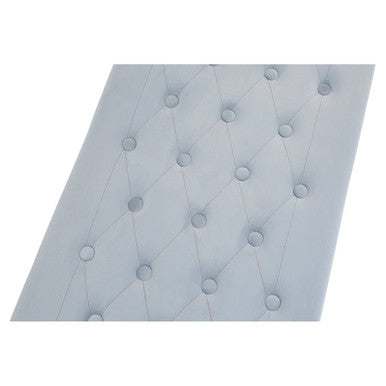 White tufted fabric headboard with evenly spaced circular buttons in allure powder grey tufted style