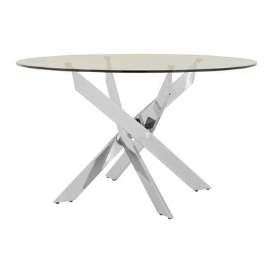 Allure round dining table with chrome x-shaped metal base and clear glass round dining table top