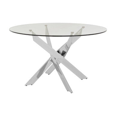 Allure round dining table with chrome x-shaped legs and clear glass top perfect for modern dining spaces