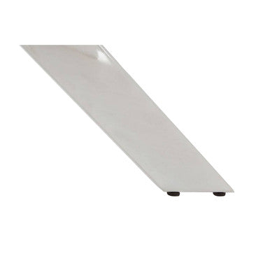A sleek white glass panel with black feet from the allure round dining table with chrome intersected legs