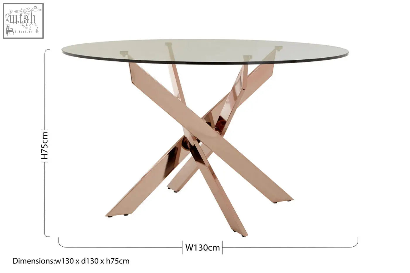 Allure round dining table with intersected rose gold metallic x-shaped base and clear glass tabletop