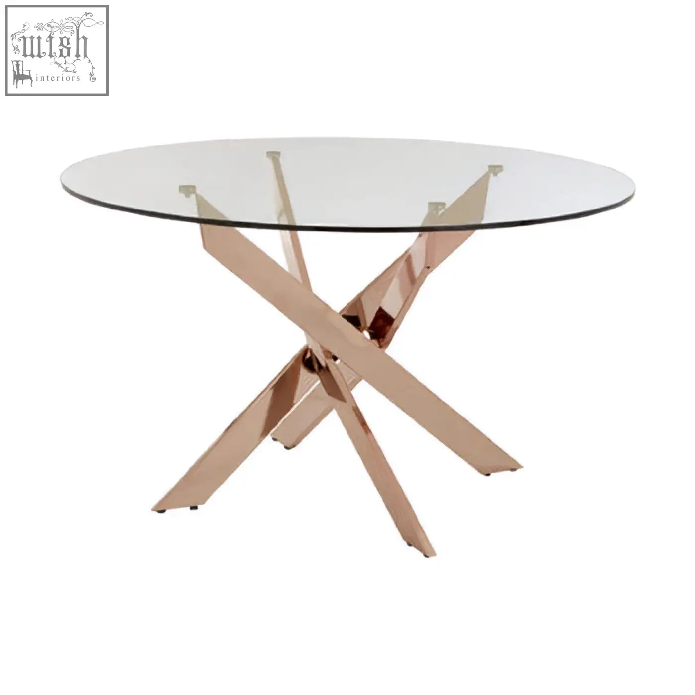 Modern rose gold dining table with intersected rose gold metal legs and a clear glass top perfect for dining rooms
