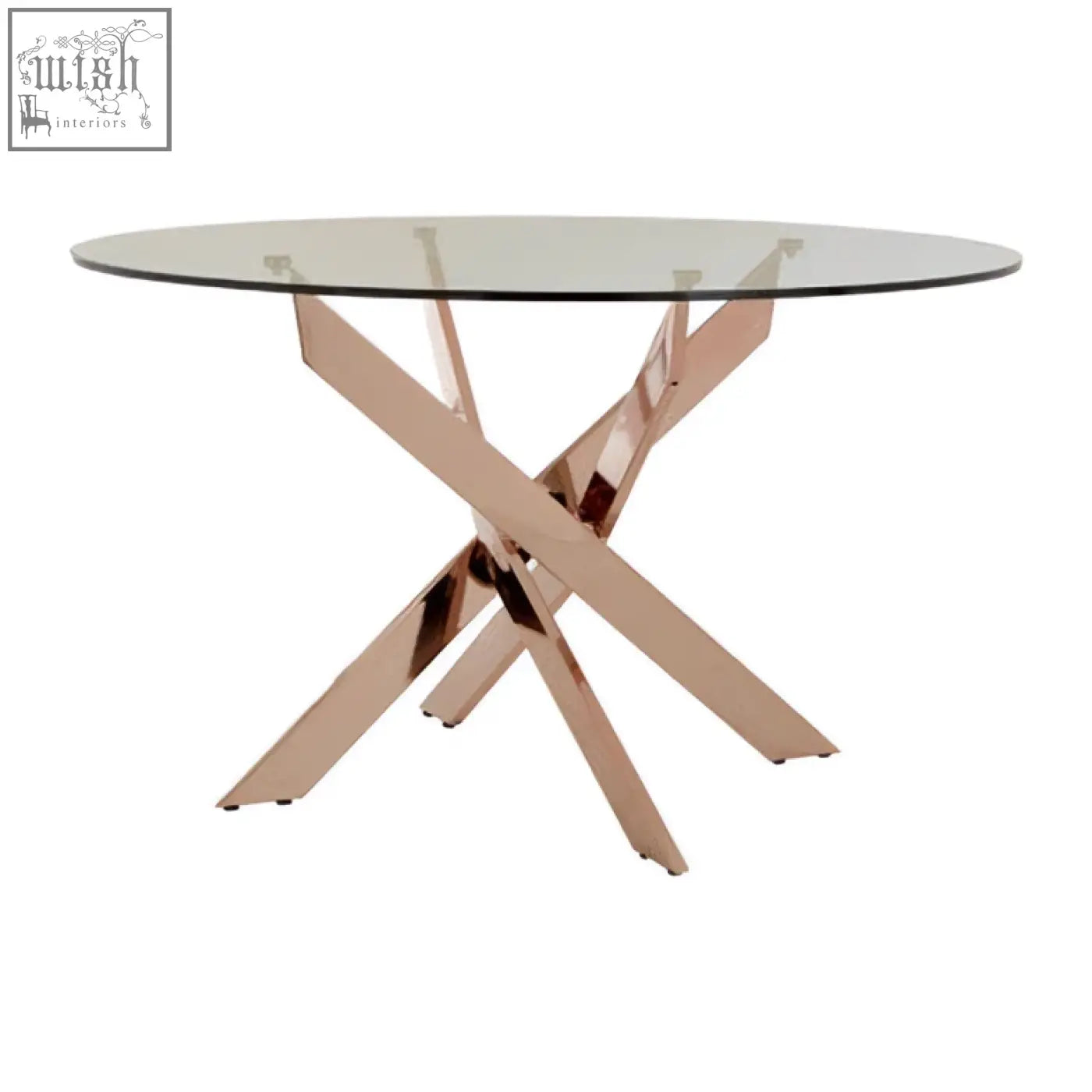 Allure round dining table with intersected rose gold metallic x-shaped base and clear glass tabletop