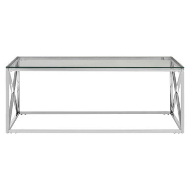 Allure silver cross coffee table with chrome finish metal x-shaped frame and clear glass top in silver cross style