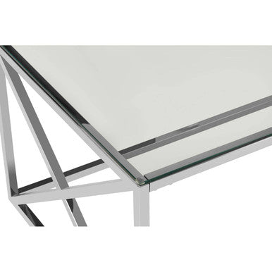 Modern allure silver cross coffee table with sleek glass top and silver chrome geometric metal frame design