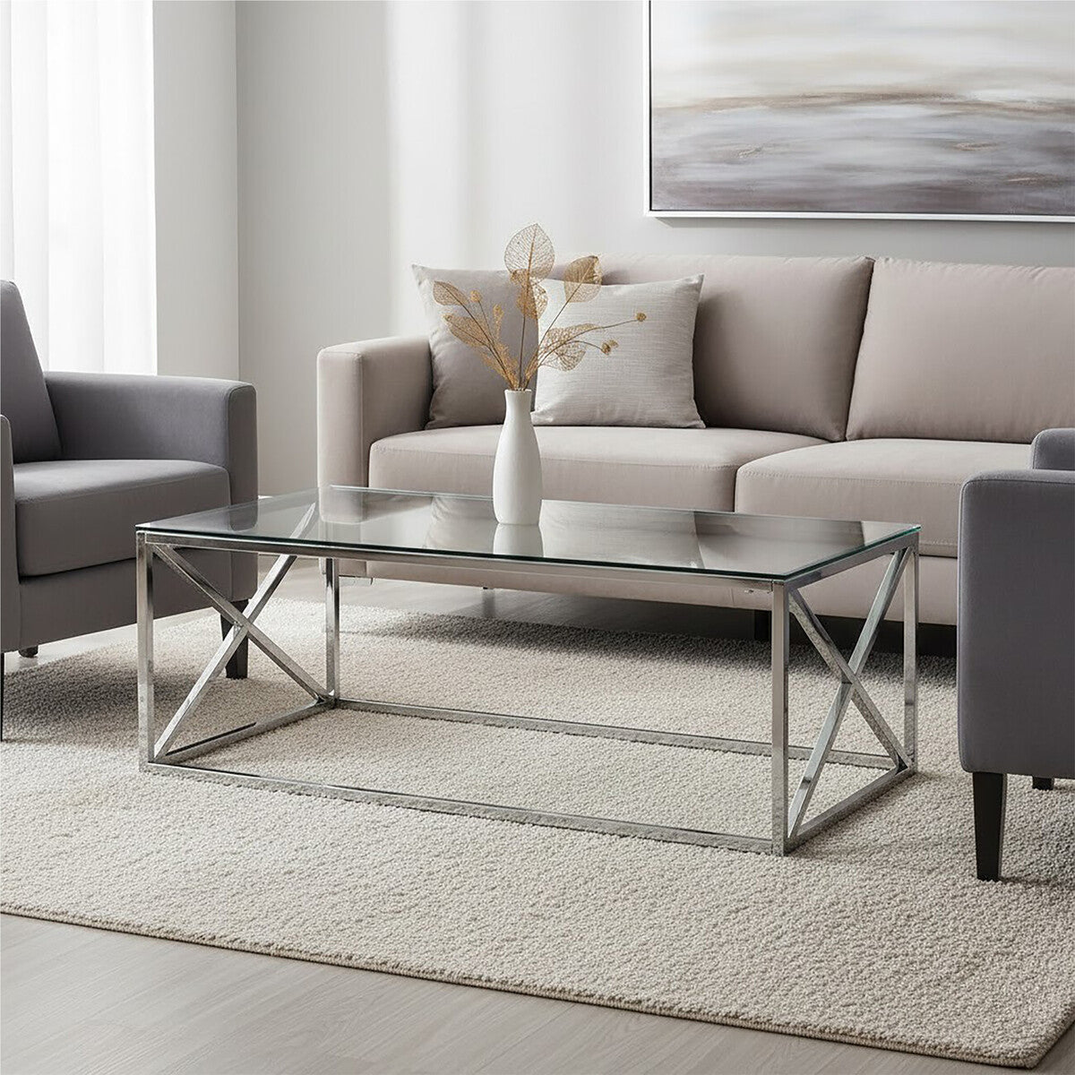 Modern allure silver cross coffee table with clear glass top and sleek silver cross chrome metal frame design
