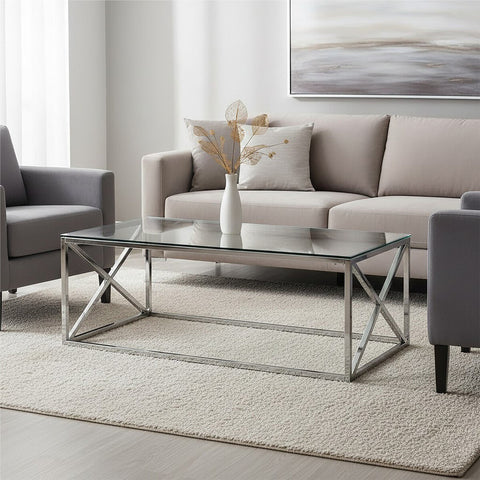 Modern allure silver cross coffee table with clear glass top and sleek silver cross chrome metal frame design