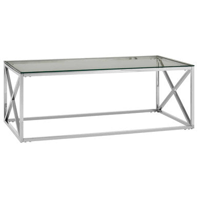 Modern allure silver cross coffee table with clear glass top and sleek silver cross chrome metal frame design