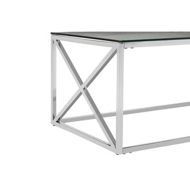 Modern allure silver cross coffee table with sleek glass top and polished silver cross metal frame design