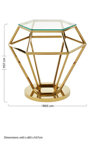 Allure small gold finish end table with a gold finish diamond shape and clear glass top on a hexagonal base