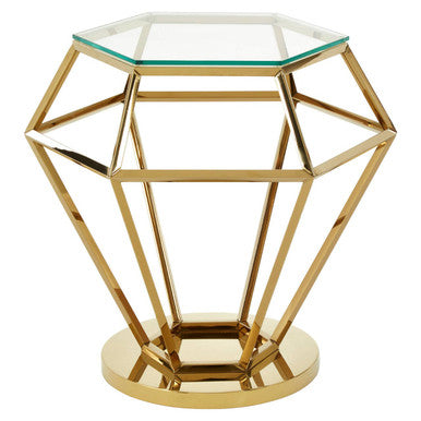 Allure small gold finish diamond end table with gold finish geometric base and clear glass top shaped like a diamond